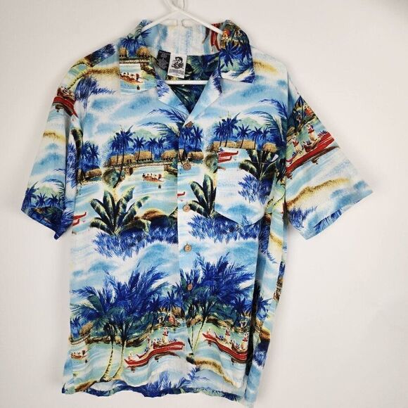 KENNINGTON LTD Blue Hawaiian Print Tropical Button Up Short Sleeve Shirt Mens L - Picture 1 of 5
